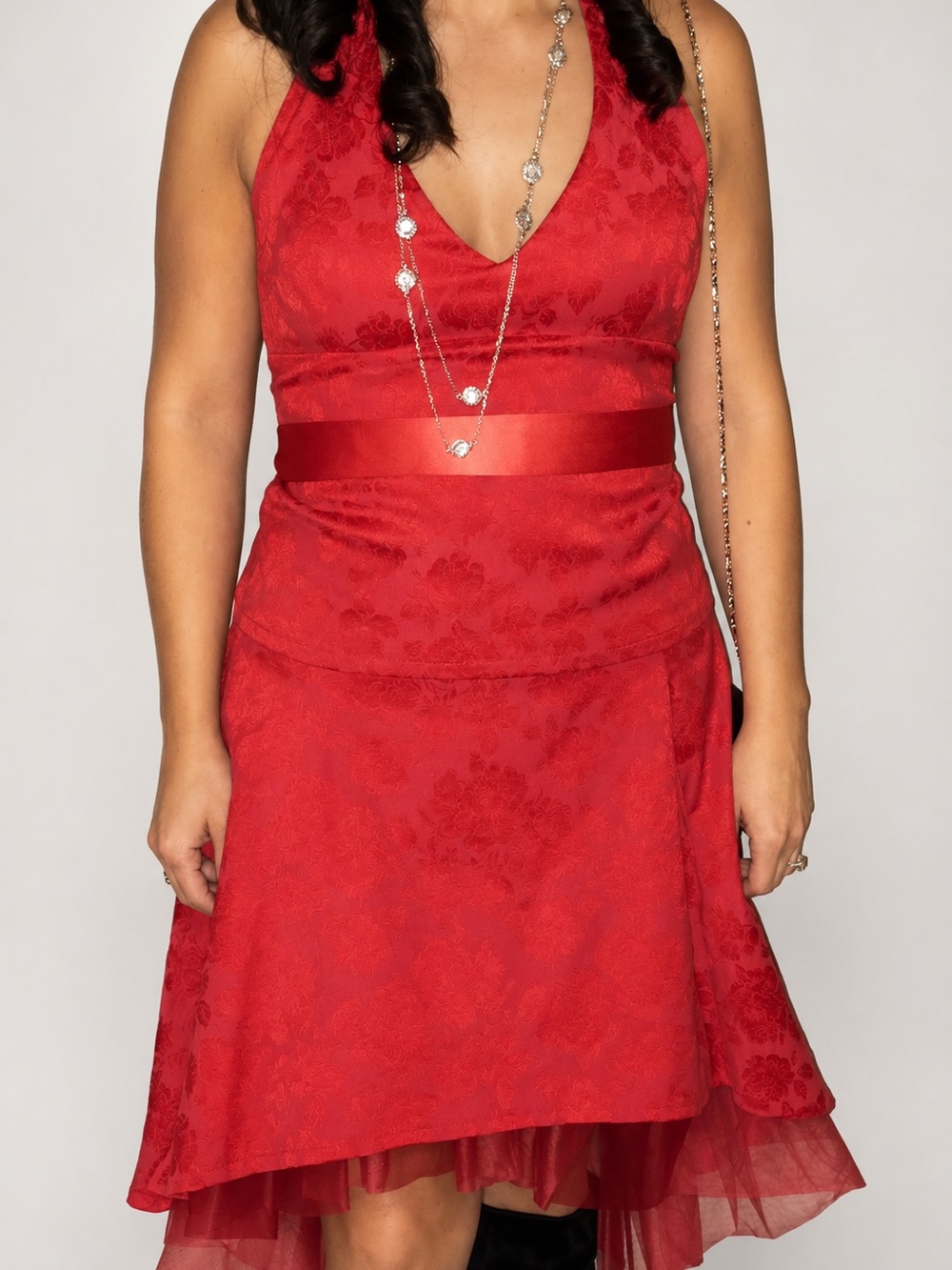 Authentic Shelley Klassen Elegant Red 2 Piece Dress. Halter Top & High-Low Skirt